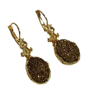 Earrings - Oval Druzy Crystal Drops, 18K Gold Vermeil Bronze